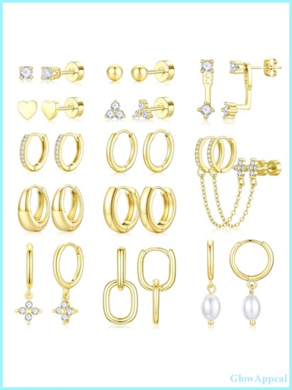 13 Pair Gold Hoop Stud Earrings Set for Women Hypoallergenic 14K Gold Plated